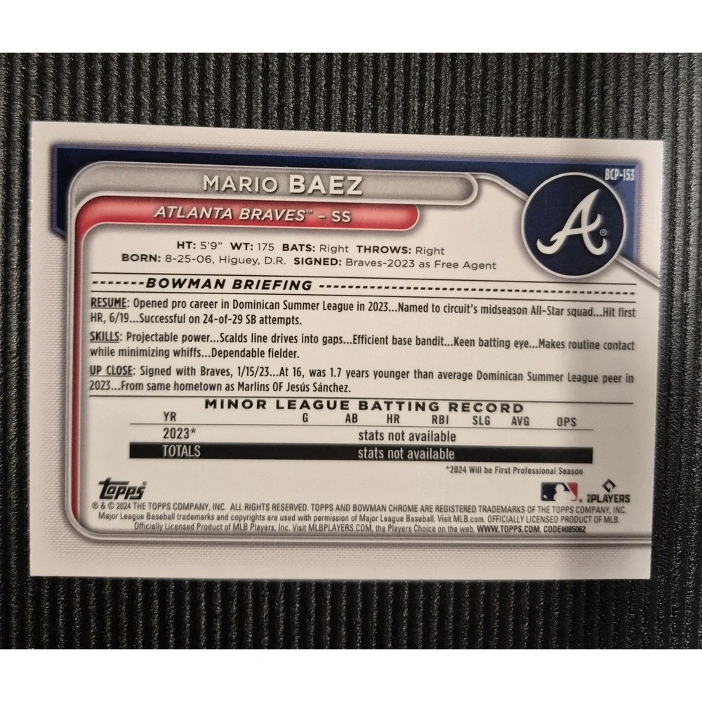 2024 Bowman Chrome Mario Baez #BCP-153 Reptilian Green Refractor /99 ATL Braves